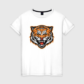 Женская футболка хлопок с принтом Грозный тигр в Петрозаводске, 100% хлопок | прямой крой, круглый вырез горловины, длина до линии бедер, слегка спущенное плечо | 2022 | animal | cat | lion | tiger | год тигра | животные | зверь | зубы | кот | кошка | лев | охотник | полосатый | природа | тигр | тигренок | тигрица | хищник