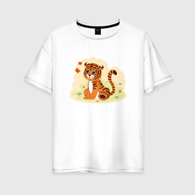 Женская футболка хлопок Oversize с принтом Тигренок и бабочки в Петрозаводске, 100% хлопок | свободный крой, круглый ворот, спущенный рукав, длина до линии бедер
 | 2022 | animal | cat | lion | tiger | год тигра | животные | зверь | зубы | кот | кошка | лев | охотник | полосатый | природа | тигр | тигренок | тигрица | хищник