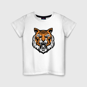 Детская футболка хлопок с принтом Голова тигра в Петрозаводске, 100% хлопок | круглый вырез горловины, полуприлегающий силуэт, длина до линии бедер | 2022 | animal | cat | lion | tiger | год тигра | животные | зверь | зубы | кот | кошка | лев | охотник | полосатый | природа | тигр | тигренок | тигрица | хищник