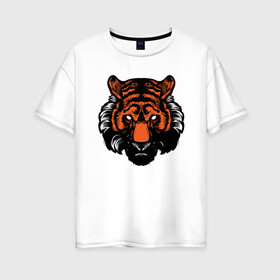 Женская футболка хлопок Oversize с принтом Bad Tiger в Петрозаводске, 100% хлопок | свободный крой, круглый ворот, спущенный рукав, длина до линии бедер
 | 2022 | animal | cat | lion | tiger | год тигра | животные | зверь | зубы | кот | кошка | лев | охотник | полосатый | природа | тигр | тигренок | тигрица | хищник