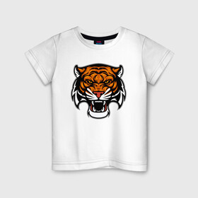 Детская футболка хлопок с принтом Оскал в Петрозаводске, 100% хлопок | круглый вырез горловины, полуприлегающий силуэт, длина до линии бедер | 2022 | animal | cat | lion | tiger | год тигра | животные | зверь | зубы | кот | кошка | лев | охотник | полосатый | природа | тигр | тигренок | тигрица | хищник