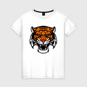 Женская футболка хлопок с принтом Оскал в Петрозаводске, 100% хлопок | прямой крой, круглый вырез горловины, длина до линии бедер, слегка спущенное плечо | 2022 | animal | cat | lion | tiger | год тигра | животные | зверь | зубы | кот | кошка | лев | охотник | полосатый | природа | тигр | тигренок | тигрица | хищник