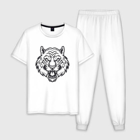 Мужская пижама хлопок с принтом White Tiger в Петрозаводске, 100% хлопок | брюки и футболка прямого кроя, без карманов, на брюках мягкая резинка на поясе и по низу штанин
 | 2022 | animal | cat | lion | tiger | год тигра | животные | зверь | зубы | кот | кошка | лев | охотник | полосатый | природа | тигр | тигренок | тигрица | хищник