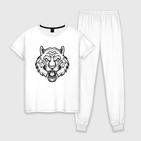 Женская пижама хлопок с принтом White Tiger в Петрозаводске, 100% хлопок | брюки и футболка прямого кроя, без карманов, на брюках мягкая резинка на поясе и по низу штанин | 2022 | animal | cat | lion | tiger | год тигра | животные | зверь | зубы | кот | кошка | лев | охотник | полосатый | природа | тигр | тигренок | тигрица | хищник