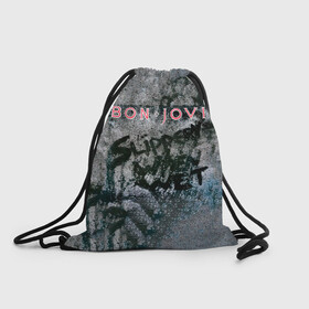 Рюкзак-мешок 3D с принтом Slippery When Wet - Bon Jovi в Петрозаводске, 100% полиэстер | плотность ткани — 200 г/м2, размер — 35 х 45 см; лямки — толстые шнурки, застежка на шнуровке, без карманов и подкладки | Тематика изображения на принте: bon jovi | john | альбом | арена | бон | бон джови | глэм | группа | джови | джон | метал | музыка | надпись | песни | поп | попрок | рок | рокер | смайл | солист | софт | стена | хард | хеви | хевиметал