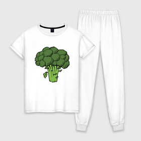 Женская пижама хлопок с принтом Брокколи в Петрозаводске, 100% хлопок | брюки и футболка прямого кроя, без карманов, на брюках мягкая резинка на поясе и по низу штанин | Тематика изображения на принте: брокколи | еда | зож | капуста | овощ | растения