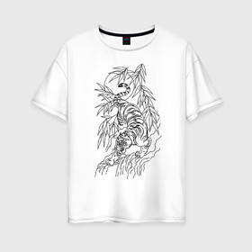 Женская футболка хлопок Oversize с принтом Тигр в джунглях татуировка в Петрозаводске, 100% хлопок | свободный крой, круглый ворот, спущенный рукав, длина до линии бедер
 | clouds | jungle | sun | tattoo | tiger | джунгли | камень | облака | озеро | солнце | татуировка | тигр