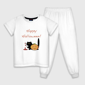 Детская пижама хлопок с принтом Happy Halloween! в Петрозаводске, 100% хлопок |  брюки и футболка прямого кроя, без карманов, на брюках мягкая резинка на поясе и по низу штанин
 | halloween | hallowin | hellowin | котик | страшилка | тыква | хэллоувин