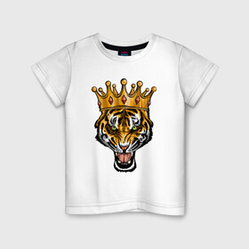 Детская футболка хлопок с принтом Царь тигр в Петрозаводске, 100% хлопок | круглый вырез горловины, полуприлегающий силуэт, длина до линии бедер | 2022 | animal | cat | lion | tiger | год тигра | животные | зверь | зубы | кот | кошка | лев | охотник | полосатый | природа | тигр | тигренок | тигрица | хищник
