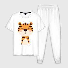 Мужская пижама хлопок с принтом Cartoon Tiger в Петрозаводске, 100% хлопок | брюки и футболка прямого кроя, без карманов, на брюках мягкая резинка на поясе и по низу штанин
 | 2022 | animal | cat | lion | tiger | год тигра | животные | зверь | зубы | кот | кошка | лев | охотник | полосатый | природа | тигр | тигренок | тигрица | хищник