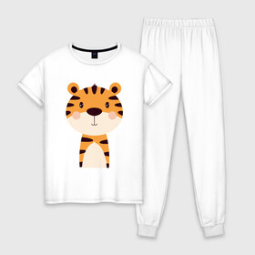 Женская пижама хлопок с принтом Cartoon Tiger в Петрозаводске, 100% хлопок | брюки и футболка прямого кроя, без карманов, на брюках мягкая резинка на поясе и по низу штанин | 2022 | animal | cat | lion | tiger | год тигра | животные | зверь | зубы | кот | кошка | лев | охотник | полосатый | природа | тигр | тигренок | тигрица | хищник