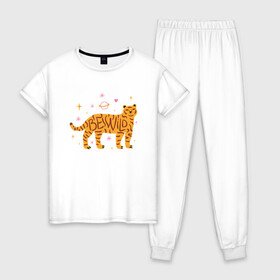 Женская пижама хлопок с принтом Be Wild в Петрозаводске, 100% хлопок | брюки и футболка прямого кроя, без карманов, на брюках мягкая резинка на поясе и по низу штанин | 2022 | animal | cat | lion | tiger | год тигра | животные | зверь | зубы | кот | кошка | лев | охотник | полосатый | природа | тигр | тигренок | тигрица | хищник