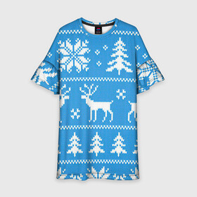 Детское платье 3D с принтом Зимняя ночь в Петрозаводске, 100% полиэстер | прямой силуэт, чуть расширенный к низу. Круглая горловина, на рукавах — воланы | Тематика изображения на принте: арт | вязаный рисунок | вязь | ёлка | ёлки | ель | лес | новый год | ночь | олени | олень | рисунок | рождество | снег | снеговик | снеговики | снежинка | снежинки