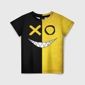 Детская футболка 3D с принтом Yellow and black smile в Петрозаводске, 100% гипоаллергенный полиэфир | прямой крой, круглый вырез горловины, длина до линии бедер, чуть спущенное плечо, ткань немного тянется | emoji | smile | глаза крестики | злой смайл | злой смайлик | зубы | контраст | крестики | подарок | пятна | смайл | смайлик | улыбка | эмоджи | эмоция