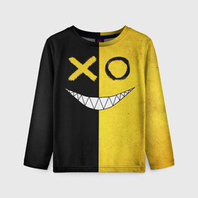 Детский лонгслив 3D с принтом Yellow and black smile в Петрозаводске, 100% полиэстер | длинные рукава, круглый вырез горловины, полуприлегающий силуэт
 | emoji | smile | глаза крестики | злой смайл | злой смайлик | зубы | контраст | крестики | подарок | пятна | смайл | смайлик | улыбка | эмоджи | эмоция