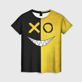 Женская футболка 3D с принтом Yellow and black smile в Петрозаводске, 100% полиэфир ( синтетическое хлопкоподобное полотно) | прямой крой, круглый вырез горловины, длина до линии бедер | emoji | smile | глаза крестики | злой смайл | злой смайлик | зубы | контраст | крестики | подарок | пятна | смайл | смайлик | улыбка | эмоджи | эмоция