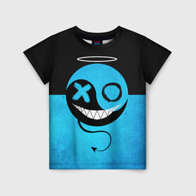 Детская футболка 3D с принтом Smail Blue в Петрозаводске, 100% гипоаллергенный полиэфир | прямой крой, круглый вырез горловины, длина до линии бедер, чуть спущенное плечо, ткань немного тянется | emoji | smile | глаза крестики | злой смайл | злой смайлик | зубы | контраст | крестики | подарок | пятна | смайл | смайлик | улыбка | эмоджи | эмоция