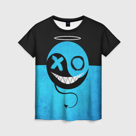 Женская футболка 3D с принтом Smail Blue в Петрозаводске, 100% полиэфир ( синтетическое хлопкоподобное полотно) | прямой крой, круглый вырез горловины, длина до линии бедер | emoji | smile | глаза крестики | злой смайл | злой смайлик | зубы | контраст | крестики | подарок | пятна | смайл | смайлик | улыбка | эмоджи | эмоция
