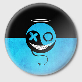 Значок с принтом Smail Blue в Петрозаводске,  металл | круглая форма, металлическая застежка в виде булавки | emoji | smile | глаза крестики | злой смайл | злой смайлик | зубы | контраст | крестики | подарок | пятна | смайл | смайлик | улыбка | эмоджи | эмоция