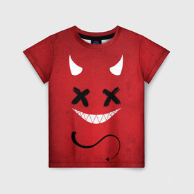 Детская футболка 3D с принтом Red Evil Smile в Петрозаводске, 100% гипоаллергенный полиэфир | прямой крой, круглый вырез горловины, длина до линии бедер, чуть спущенное плечо, ткань немного тянется | emoji | smile | глаза крестики | злой смайл | злой смайлик | зубы | контраст | крестики | подарок | пятна | смайл | смайлик | улыбка | эмоджи | эмоция