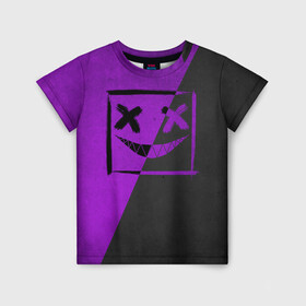 Детская футболка 3D с принтом Purple Smile в Петрозаводске, 100% гипоаллергенный полиэфир | прямой крой, круглый вырез горловины, длина до линии бедер, чуть спущенное плечо, ткань немного тянется | emoji | smile | глаза крестики | злой смайл | злой смайлик | зубы | контраст | крестики | подарок | пятна | смайл | смайлик | улыбка | эмоджи | эмоция