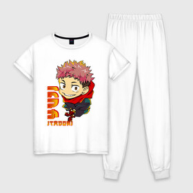 Женская пижама хлопок с принтом Yuji Itadori Jujutsu Kaisen в Петрозаводске, 100% хлопок | брюки и футболка прямого кроя, без карманов, на брюках мягкая резинка на поясе и по низу штанин | anime | jujutsu kaisen | manga | sorsery fight | yuji itadori | аниме | джутсу кайсен | дзюдзюцу кайсэн | засранец | итадори юдзи | маг | магическая битва | манга | проклятия | сосуд для сукуна