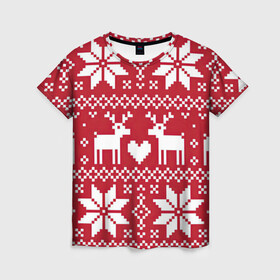Женская футболка 3D с принтом Рождественские олени в Петрозаводске, 100% полиэфир ( синтетическое хлопкоподобное полотно) | прямой крой, круглый вырез горловины, длина до линии бедер | арт | большие цветы | большой цветок | вязаный рисунок | вязь | новый год | олени | олень | рисунок | рождество | сердечко | сердце | снег | снежинка | снежинки | цветок | цветы