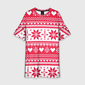 Детское платье 3D с принтом Новогодний уют в Петрозаводске, 100% полиэстер | прямой силуэт, чуть расширенный к низу. Круглая горловина, на рукавах — воланы | Тематика изображения на принте: арт | вязаный рисунок | вязь | новый год | рисунок | рождество | сердечки | сердечко | сердца | сердце | снег | снежинка | снежинки
