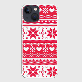 Чехол для iPhone 13 mini с принтом Новогодний уют в Петрозаводске,  |  | арт | вязаный рисунок | вязь | новый год | рисунок | рождество | сердечки | сердечко | сердца | сердце | снег | снежинка | снежинки