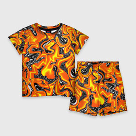 Детский костюм с шортами 3D с принтом Огненные разводы лавы в Петрозаводске,  |  | Тематика изображения на принте: абстракция | желтый | огонь | оранжевый | пламя | пятна | разводы | чёрный | языки пламени