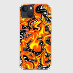 Чехол для iPhone 13 с принтом Огненные разводы лавы в Петрозаводске,  |  | абстракция | желтый | огонь | оранжевый | пламя | пятна | разводы | чёрный | языки пламени
