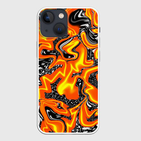 Чехол для iPhone 13 mini с принтом Огненные разводы лавы в Петрозаводске,  |  | Тематика изображения на принте: абстракция | желтый | огонь | оранжевый | пламя | пятна | разводы | чёрный | языки пламени
