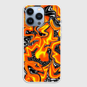 Чехол для iPhone 13 Pro с принтом Огненные разводы лавы в Петрозаводске,  |  | Тематика изображения на принте: абстракция | желтый | огонь | оранжевый | пламя | пятна | разводы | чёрный | языки пламени