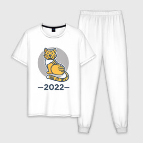 Мужская пижама хлопок с принтом Тигр 2022 в Петрозаводске, 100% хлопок | брюки и футболка прямого кроя, без карманов, на брюках мягкая резинка на поясе и по низу штанин
 | 2022 | animal | cat | lion | tiger | год тигра | животные | зверь | зубы | кот | кошка | лев | новый год | охотник | полосатый | природа | рождество | тигр | тигренок | тигрица | хищник