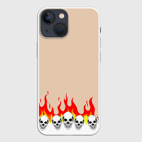 Чехол для iPhone 13 mini с принтом Черепа в Огне (Бежевый) в Петрозаводске,  |  | fire | head | skulls | голова | зверь | зубы | кости | огонь | паттерн | пламя | скелет | текстура | узор | черепа