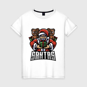 Женская футболка хлопок с принтом Дед Мороз и медвежата в Петрозаводске, 100% хлопок | прямой крой, круглый вырез горловины, длина до линии бедер, слегка спущенное плечо | bear | gift | holiday | new year | santa klaus | дед мороз | медвежонок | новый год | подарок | праздник
