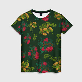 Женская футболка 3D с принтом ветки рябины и облепихи в Петрозаводске, 100% полиэфир ( синтетическое хлопкоподобное полотно) | прямой крой, круглый вырез горловины, длина до линии бедер | ветки | деревья | зеленый | зима | лес | листья | новый год | облепиха | осень | праздничный | природа | рождество | рябина | темно зеленый | ягоды