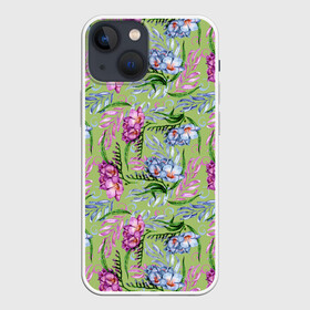 Чехол для iPhone 13 mini с принтом Акварельные фрезии   фон киви в Петрозаводске,  |  | акварель | акварельные | акварельный | женственная | киви | листва | листочки | листья | оливковый | свежий | фрезии | фрезия | цветочки | цветочный | цветы