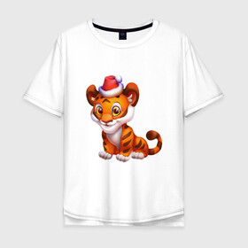 Мужская футболка хлопок Oversize с принтом Тигр в Петрозаводске, 100% хлопок | свободный крой, круглый ворот, “спинка” длиннее передней части | 2022 | дед мороз | новый год | рождество | санта клаус | символ года | тигр | тигренок