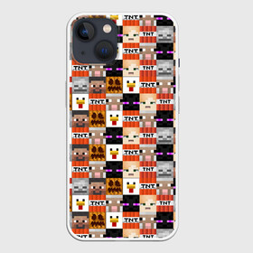 Чехол для iPhone 13 с принтом MINECRAFT КУБИКИ ПЕРСОНАЖИ в Петрозаводске,  |  | block | creeper | cube | minecraft | pixel | tnt | блок | геометрия | крафт | крипер | кубики | майнкрафт | пиксели | тнт
