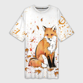 Платье-футболка 3D с принтом ЛИСА В ЛИСТЬЯХ  ОСЕННЕЕ НАСТРОЕНИЕ  FOX IN THE FOREST в Петрозаводске,  |  | autumn | forest | fox | животные | звери | лес | лиса | листья | музыка | ноты | осень | песни | природа