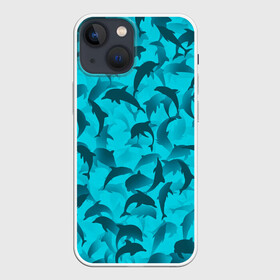 Чехол для iPhone 13 mini с принтом Синий камуфляж с дельфинами в Петрозаводске,  |  | дельфин | дельфины | море | морской | океан | паттерн | рыба