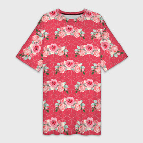 Платье-футболка 3D с принтом Красные розы паттерн в Петрозаводске,  |  | rose | паттерн | розочки | розы | цветки | цветочки | цветы