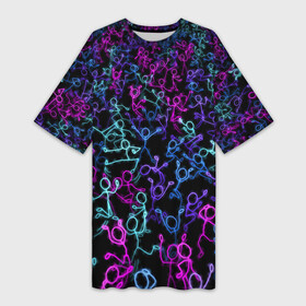 Платье-футболка 3D с принтом Neon Rave Party в Петрозаводске,  |  | disco | rave | дискотека | неоновый | рейв | танцы | человечки