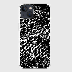 Чехол для iPhone 13 с принтом Хаос белого на черном в Петрозаводске,  |  | абстракция | краска | мазки | паутина | принт | пятна | разводы | раскраска | рисунок | сетка | текстура | узор | хаотичный | чб | черно белое