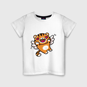 Детская футболка хлопок с принтом влюбленный тигренок в Петрозаводске, 100% хлопок | круглый вырез горловины, полуприлегающий силуэт, длина до линии бедер | 2022 | год тигра | новый год | новый год 2022 | символ года | тигр | тигренок | тигрица | тигры