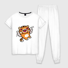 Женская пижама хлопок с принтом влюбленный тигренок в Петрозаводске, 100% хлопок | брюки и футболка прямого кроя, без карманов, на брюках мягкая резинка на поясе и по низу штанин | 2022 | год тигра | новый год | новый год 2022 | символ года | тигр | тигренок | тигрица | тигры