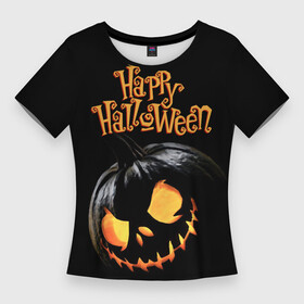 Женская футболка 3D Slim с принтом Взгляд черной тыква в Петрозаводске,  |  | black | fiery | happy halloween | holiday | look | night | pumpkin | scary smile | взгляд | ночь | огненный | праздник | страшная улыбка | тыква | хэллоуин | черная