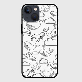 Чехол для iPhone 13 mini с принтом Небесные киты (ЧБ) в Петрозаводске,  |  | whale | детское | киты | летающие киты | небо | облака