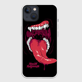 Чехол для iPhone 13 с принтом Пасть хищника в Петрозаводске,  |  | day of the dead | dripping blood | fangs | happy halloween | holiday | long tongue | predator | teeth | день мертвых | длинный язык | зубы | капает кровь | клыки | праздник | хищник | хэллоуин